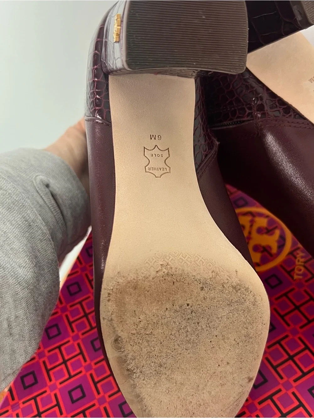 Tory Burch Brooke 70mm Croc Emboss Leather Booties Claret Burgundy 6M